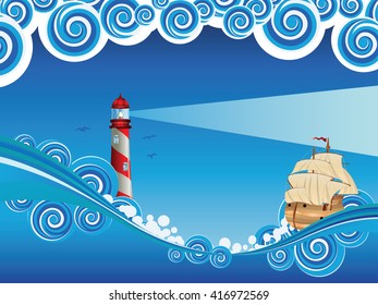 Sailboat and lighthouse in the blue stylized stormy sea.