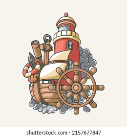 sailboat and lighthouse illustration, adventure boat