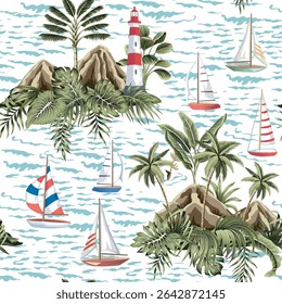 Sailboat, lighthouse, island, palm tree, tropical leaves, sea wave seamless pattern. Summer marine wallpaper.