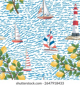 Sailboat, lighthouse, lemon branch, sea wave seamless pattern. Summer marine wallpaper.
