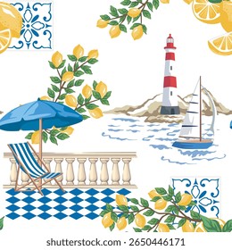 Sailboat, lighthouse, lemon branch, sea wave, chaise lounge, sun umbrella, tile seamless pattern. Summer Italian print.	