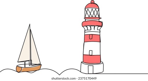 sailboat and lighthouse, line drawing sketch, isolated vector