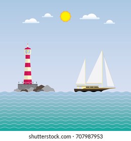 sailboat and lighthouse, sailboat past the lighthouse