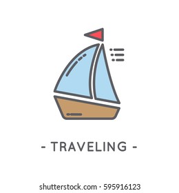 Sailboat line icon. Universal Minimal Modern Thin Line Color Icon on White Background
