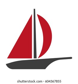 Sailboat line silhouette vector logotype isolated on white. Illustration of black water transportation kind with two red wind clothing on top. Yacht detailed element icon sign in flat design