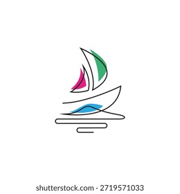 Sailboat logo with abstract linear line art design style