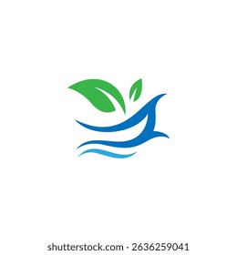 sailboat logo with combination of natural leaves and waves in flat design style
