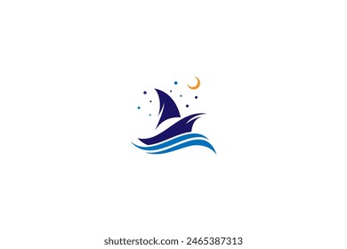 sailboat logo with decorated moon and stars in flat vector design style