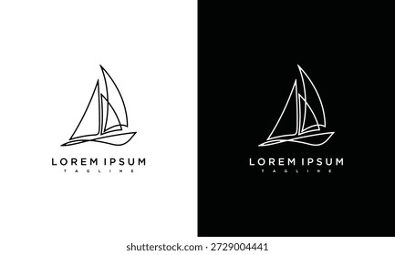 Modelo de design de logotipo de veleiro em fundo branco e preto, mostrando estilo de ilustração náutica simples e moderno