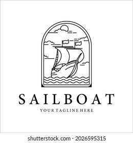 sailboat logo line art simple minimalist vector illustration template icon design. nautical yacht or marine concept with ship at ocean with badge label emblem