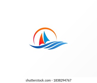Sailboat logo with Ocean wave vector logo