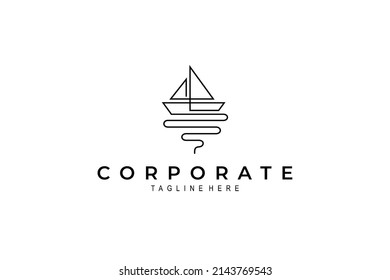 sailboat logo on the sea in one line design concept