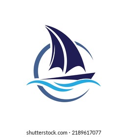 sailboat logo with sea water waves. vector illustration