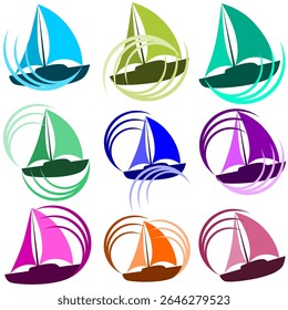 Sailboat logo set colored. Yacht symbol vector collection.