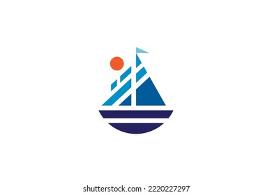 Sailboat logo with sun in simple flat style