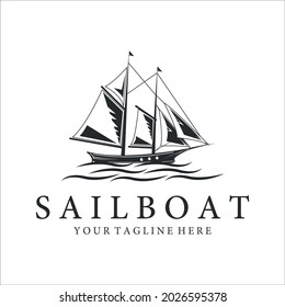sailboat logo vintage vector illustration template icon design. nautical or marine concept yacht with ship at ocean