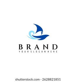 sailboat logo with waves in flat design style