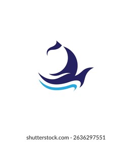 sailboat logo with waves in flat vector design style