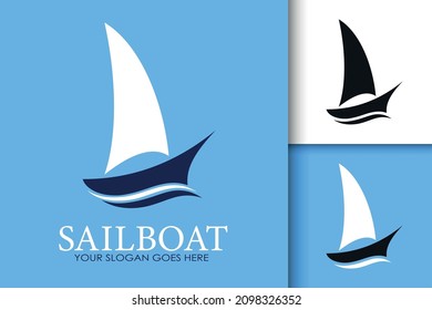 Sailboat logotype. Set of three variants in blue, black and white colors. Minimalist trendy contemporary design. Best for web, print, logo creating and branding design.