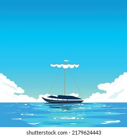 Sailboat with lowered sails on azure water. Calm on the sea. Vector illustration of sea travel, exploration and recreation.