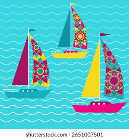 Sailboat with mandalas and vibrant colors