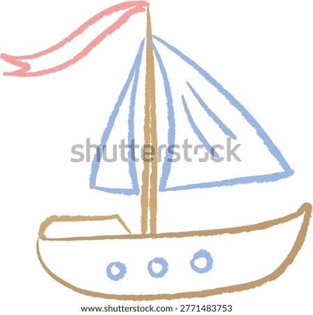 Sailboat with mast, flag, and triangle sail drawn in wax crayon strokes. Symbol of travel, freedom, and summer voyage on the sea. Cartoon vector illustration.