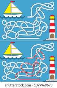 Sailboat maze for kids with a solution