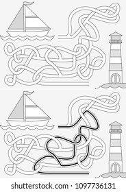 Sailboat maze for kids with a solution in black and white