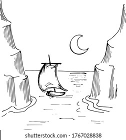 Sailboat in the midnight sea. Vector hand drawn sketch illustration