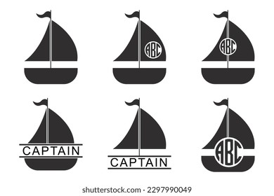 Sailboat monogram frame set. Boat silhouette vector illustration.