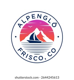 sailboat and mountain Landscape Silhouette for Outdoor Travel adventure retro vintage logo design vector