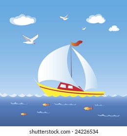 A sailboat moving on full speed in blue sea