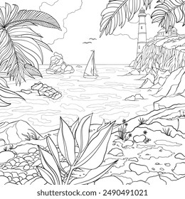 Sailboat navigating the cliffy waters around a pretty beach. View through leaves and foliage. Colouring book page design, vector outline.