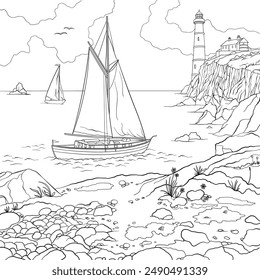 Sailboat navigating the rocky coastline alongside a lighthouse, stony beach and cloudy sky. Colouring book page design, vector outline.