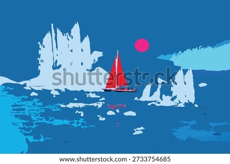 Sailboat navigating through icy waters with red sails under a pink sun