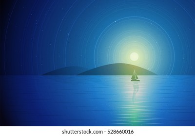 Sailboat in the night. Sailboat, islands and full moon in the night. Vector illustration. Elements are layered separately in vector file.