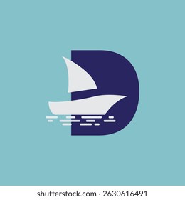 Veleiro e ondas oceânicas na letra D Logotipo náutico