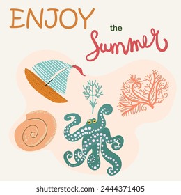 Sailboat, octopus, coral, shell, hand drawn, color flat vector illustration isolated on white background. Enjoy summer lettering.
