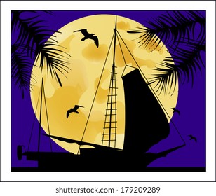 Sailboat on the background of the full moon