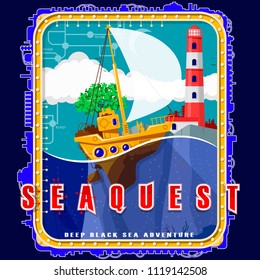 Sailboat on the background of the island with a tree and a lighthouse. Emblem with electromechanical elements. Background, text and water are located on separate layers and can be easily disabled.
