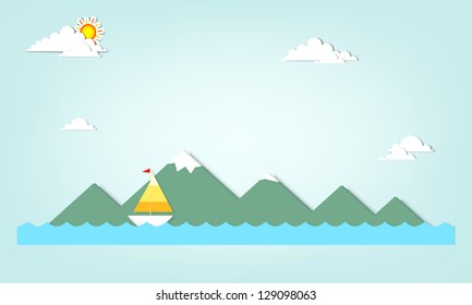 sailboat on  background of mountains