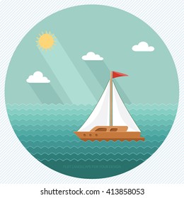Sailboat on the background of the ocean, the sea. Yacht Club. Flat design style vector illustration.