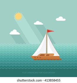 Sailboat on the background of the ocean, the sea. Yacht Club. Flat design style vector illustration.