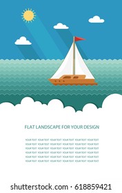 Sailboat on the background of the ocean, the sea. Yacht Club. Flat design style vector illustration.