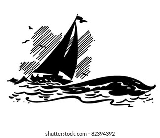 Sailboat On Big Waves - Retro Clipart Illustration