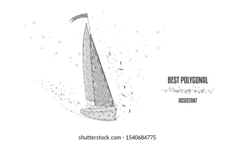 Sailboat on black background. Sailing Yacht from Polygonals and points. Concept of dream trip, travel or tourism, logistic, shipping. Black and white vector illustration. Low poly.