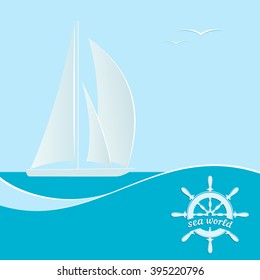 Sailboat on a blue background. A poster with the text of sea life. Vector illustration.