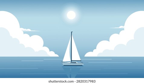 Sailboat on Calm Ocean Under Blue Sky Vector Illustration