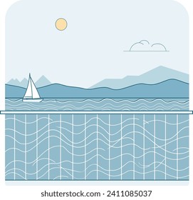 Sailboat on calm sea with distant mountains and sun. Minimalist nautical scene with serene water and skyline. Peaceful sailing and ocean tranquility vector illustration.
