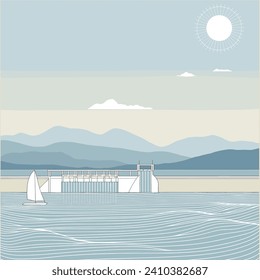 Sailboat on calm sea near modern villa, mountains in background, sunny day. Serene summer vacation, ocean scenery vector illustration.